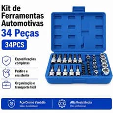 Kit Soquetes 34 Peças 3/8" Aço Cromo Vanádio Conjunto Macho e Fêmea com Caixa Azul - Ferramenta Manual para Aperto e