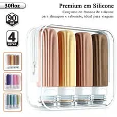 Kit 4 Frascos de Viagem 90ml Silicone Macio à Prova de Vazamento Sem BPA Portátil para Shampoo Creme e Cosméticos