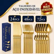 Jogo de Talheres 24/48/72 Peças em Aço Inoxidável Dourado - Cabo Cintura Fina com Textura Premium