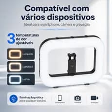 Luz LED Quadrada 20W para Live com Sapata Fria + Suporte Celular – Ajuste de Cor e Brilho, Bateria de Longa Duração