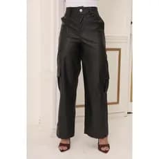 Calça Feminina Pantalona Couro Fake com Bolsos Cargo – Cintura Alta Estilo Fashion