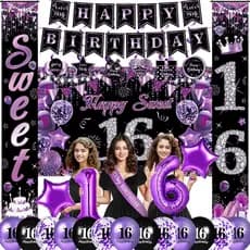 Decorações Roxas para Festa de Aniversário de 16 Anos para Meninas, Faixa Roxa e Preta para 16 Anos, Espirais Decorativa