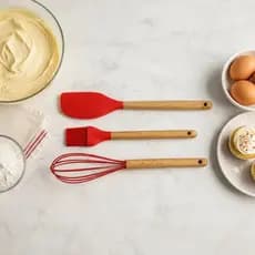 Kit Confeiteiro 3 Pçs Espátula Pincel E Fouet - Silicone e Cabo de Madeira