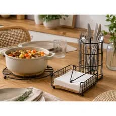 Kit Cozinha Aramado c Madeira 3 Pçs Organizador e Mesa Posta