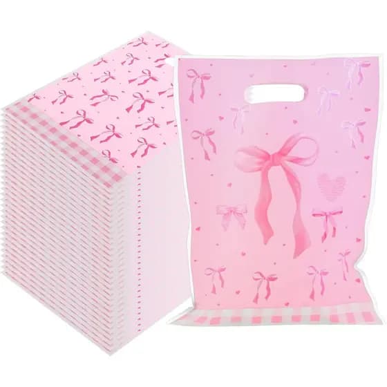 CANIPHA 50Pcs Pink Bow Gift Bag Supplies Favors, Candy Bags, Bow goodie Dags, Pink Bow Party Favors Light Color Goodie B