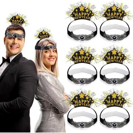 6 Pcs 2026 Happy New Year Headbands and Hats New Year Eve Party Supplies Glittered Paper Headdress Sparkling Black Gold