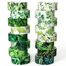 Botanical Green Washi Tape Set- 16 Rolls Leaf Themed Decorative Tape for Journals & Nature Crafts Scrapbooks (0.6" x 10