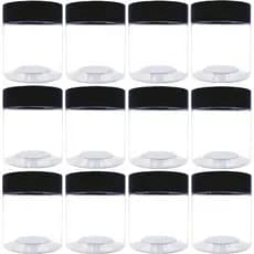 Pacote com 12 potes de plástico de 4 oz, recipientes de armazenamento transparentes de boca larga com tampas pretas, pot