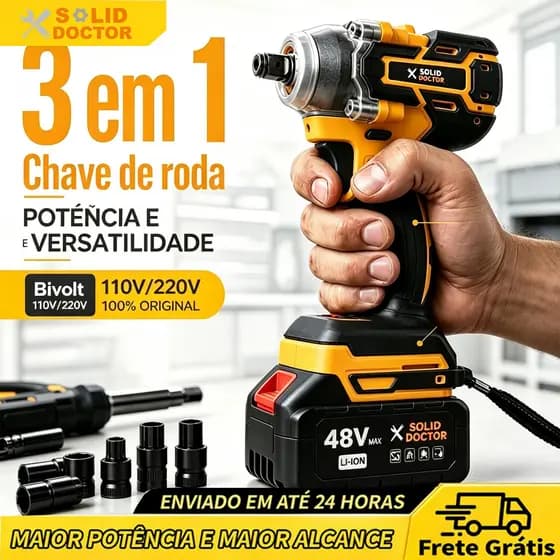 SOLID DOCTOR Chave de Impacto a Bateria Chave de Roda Carro Parafusadeira 48V 2 Baterias Kit 3 em 1