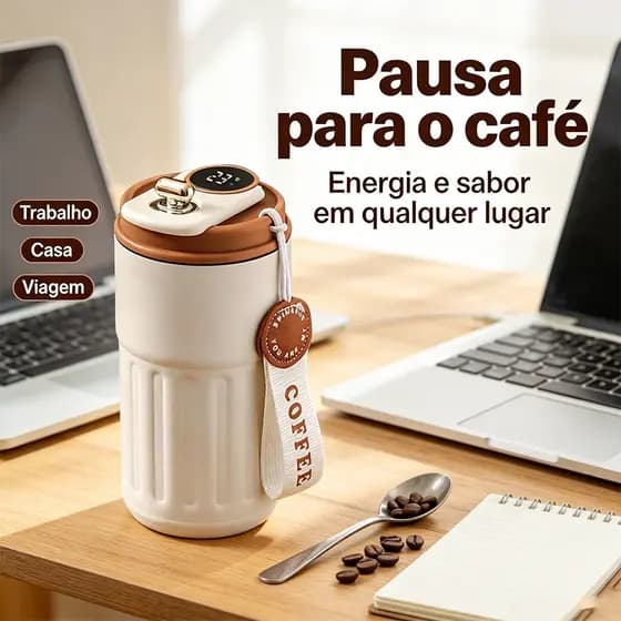 Copo Térmico Café 450ml Inox com Tampa de Trava Antivazamento, Display Digital e Portátil Para Escritório e Viagens