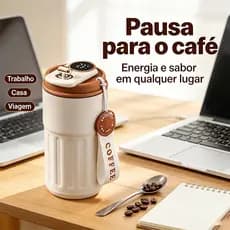 Copo Térmico Café 450ml Inox com Tampa de Trava Antivazamento, Display Digital e Portátil Para Escritório e Viagens