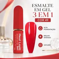 Esmalte em Gel 3 em 1 Real Love Cor 49 Vermelho 5ml Base Esmalte e Top Coat UV LED