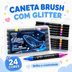 Caneta Brush Glitter Ponta Dupla 12 Unidades 24 Cores | Lettering