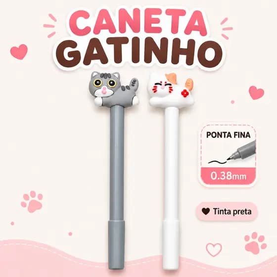 Caneta Gatinho Fofa Ponta Fina 0.38mm Cor Preta Kawaii | Papelaria Fofa