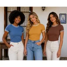 Blusas Feminina Ribana Canelado Estilosa Básica Casual Tendência Verão T Shirt