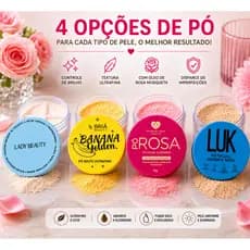 Pó de Tapioca Aveludado Lady Beauty, Pó Banana Briá e Pó de Tapioca Pêssego e Pó Rosa.