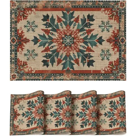Conjunto de 4 Sousplats de Natal Artoid Mode com Padrão de Flocos de Neve, Estilo Étnico Boho, Laváveis, Resistentes ao