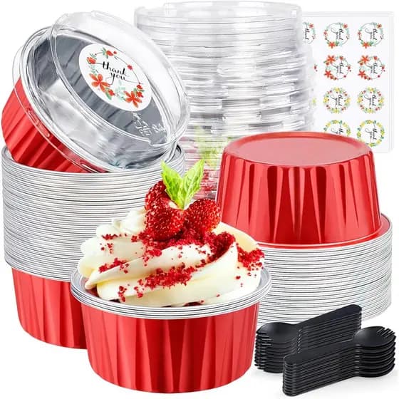 Formas de Bolo Pequenas com Tampas de Papel Alumínio, Formas Descartáveis ZOXILEN com Tampas e Colheres 5oz/125ml, Forma
