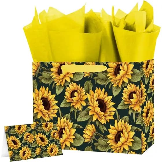 Linelglobal Sacola de Presente Grande de 12,6" com Tema de Girassol, com Papel de Seda e Cartão, Sacola de Papel Preta c