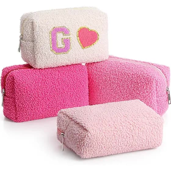Paterr Conjunto de 4 Bolsas de Maquiagem Felpudas, Presente para Madrinhas, Bolsa de Cosméticos de Pelúcia Sherpa com Zí