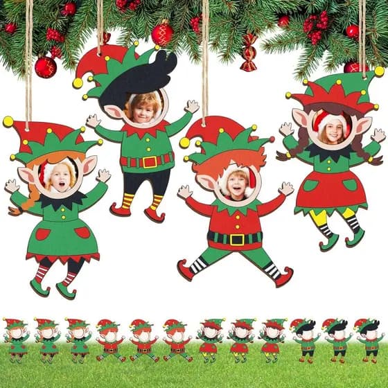 Jetec 12 Peças de Enfeites de Natal para Fotos, Enfeites de Natal em Madeira com Tema de Elfo, Decorações DIY para Pendu