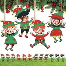 Jetec 12 Peças de Enfeites de Natal para Fotos, Enfeites de Natal em Madeira com Tema de Elfo, Decorações DIY para Pendu
