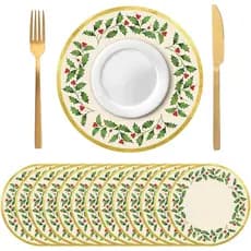 Whaline 50 Peças de Sousplats de Papel para Natal, Descartáveis, com Motivo de Folhas de Azevinho e Frutas, Sousplats Re