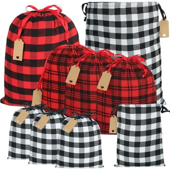 Bolsas com Cordão YQL Buffalo Plaid, 9 Peças de Sacolas de Presente de Natal em Flanela Macia, Tamanhos Variados, Sacola