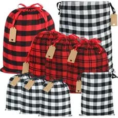 Bolsas com Cordão YQL Buffalo Plaid, 9 Peças de Sacolas de Presente de Natal em Flanela Macia, Tamanhos Variados, Sacola