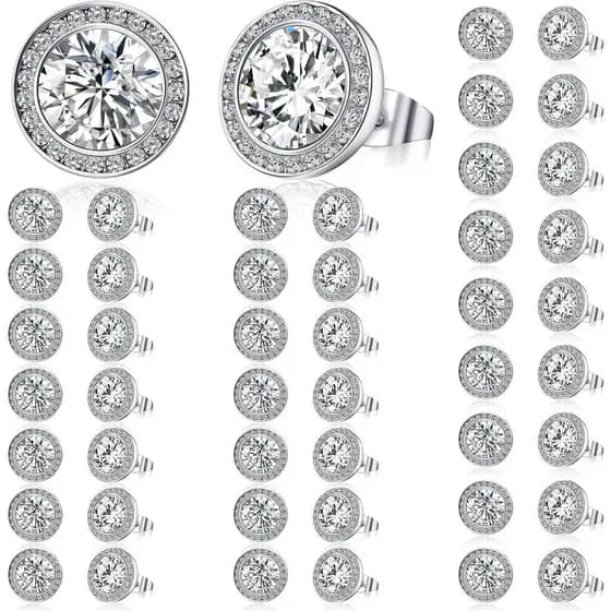 Bonuci 24 Pares de Brincos de Dança com Strass de 15 mm, Cristais Prateados para Competição, Brincos de Zircônia Cúbica