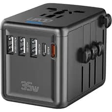 Adaptador de Viagem Universal com Carregamento Rápido USB-C PD de 35W, 5 Portas USB C/A, Tomada AC de 2500W, Adaptador d