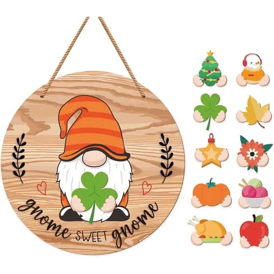 Dibor Interchangeable Gnome Welcome Sign,Holiday Seasonal Gnome Welcome Sign Front Door Decor,Gnomes Decoration Round Wa