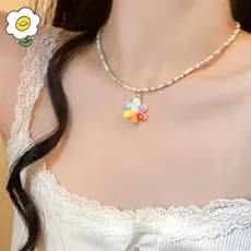 maoting } Nova Bohemia Amante Coreano Flor Colorida Coração Pingente Gargantilha Resina Multicolor Arroz Frisado Nelace