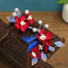 Peruca De Cabelo Vermelha Vinho Vintage Chinesa Com Flor De Veludo Borboleta Azul Para Fotografia De Casamento Hanfu