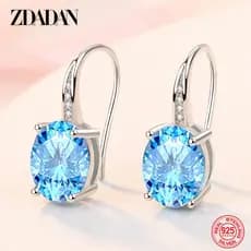ZDADAN Brincos de cristal azul Oval em prata 925, joias da moda feminina