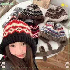 Chapéu De Lã Tricotado OOSTAR , Gorro Listrado À Prova De Vento , Proteção De Ouvido Com Alça Espessada Estilo Étnico