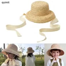 QUIM Chapéu Palha Tecido À Mão Para Meninas Verão Sun-shade Balde Aba Larga Rendas Praia Foto Ade