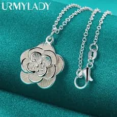 URMYLADY 925 Prata Esterlina Rosa Flor Pingente Colar 16-30 Polegada Corrente De Cobra Para Jóias Femininas