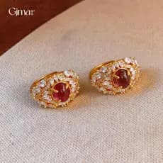 Anel oval vermelho com zircônia e diamantes, banhado a ouro 24K, com um toque sofisticado e exclusivo, joia de estilo vi