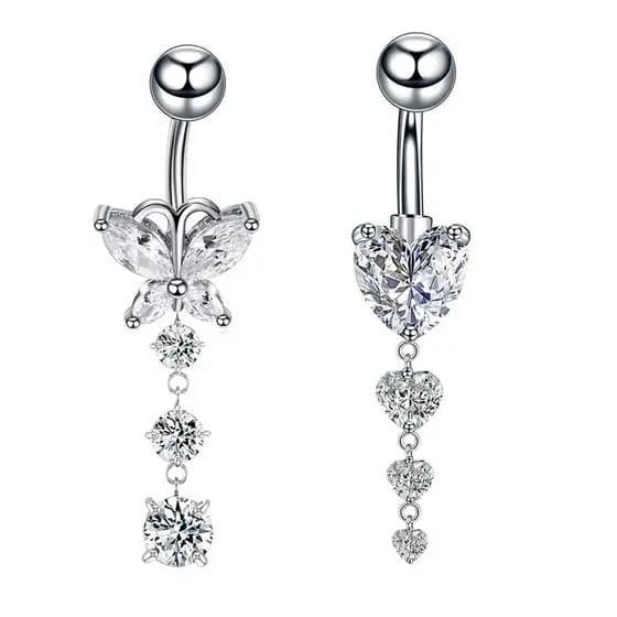 piercing umbigo bijuterias femininas ✻Novo estilo de aço inoxidável umbigo anel longo borboleta em forma de coração zirc