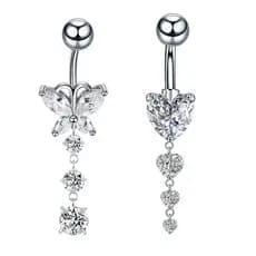 piercing umbigo bijuterias femininas ✻Novo estilo de aço inoxidável umbigo anel longo borboleta em forma de coração zirc