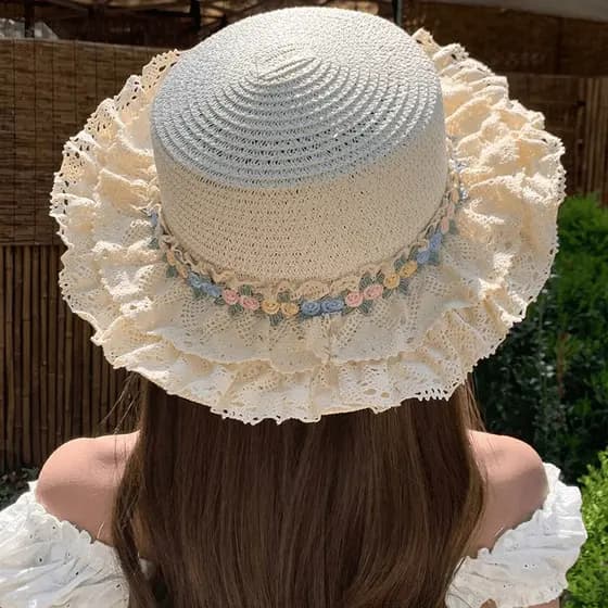 [Estoque pronto] Chapéu de renda Lolita francês feminino ao ar livre praia chapéu de sol Anti-ultravioleta guarda-sol no
