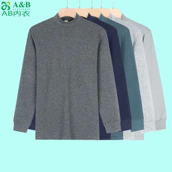 Puro algodão outono roupas masculinas gola alta térmica topo 100% algodão outono inverno solto tamanho grande Bottoming