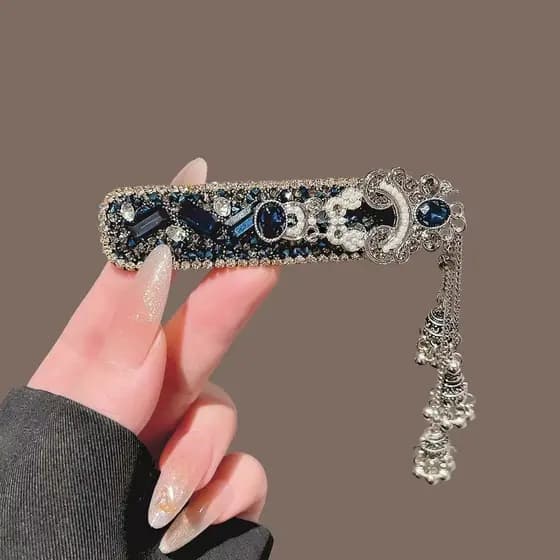 Novo estilo chinês azul cristal pérola sino borla BB clipe High-End personalidade franja clipe lateral grampo de cabelo