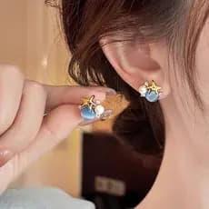 [Estoque pronto] Joias bola de diamante estilo oceano estrela brincos de pérola frescos pequenos brincos combinados brin