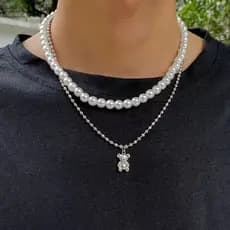 Colar de pérolas + corrente de prata com pingente de urso brilhante, colar de moda de alta qualidade estilo Hip-Hop