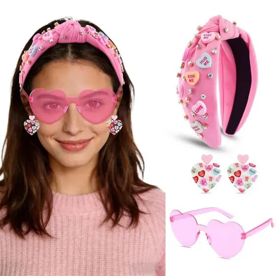 Tiara de Dia dos Namorados para Mulheres, Conjunto de 4 Peças Rosa com Tiara de Coração, Brincos e Óculos de Sol para Mu