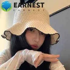Chapéu de Palha EARNEST, Chapéu Bucket de Malha com Viseira Delicada, Boné de Proteção Solar Estilo Francês com Design V