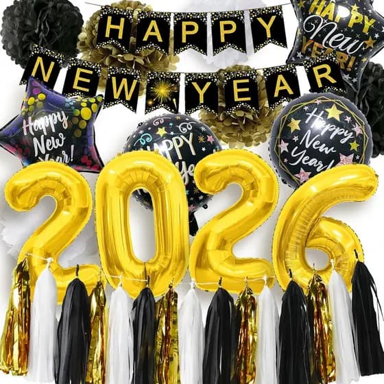Suprimentos para Festa de Réveillon 2026 - Kit de Decorações de Feliz Ano Novo 2026 Balão Metalizado Faixa de Feliz Ano
