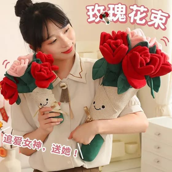 Presente de dia dos namorados divertido brinquedo de pelúcia amor buquê de rosas boneca de pelúcia segurando flores para